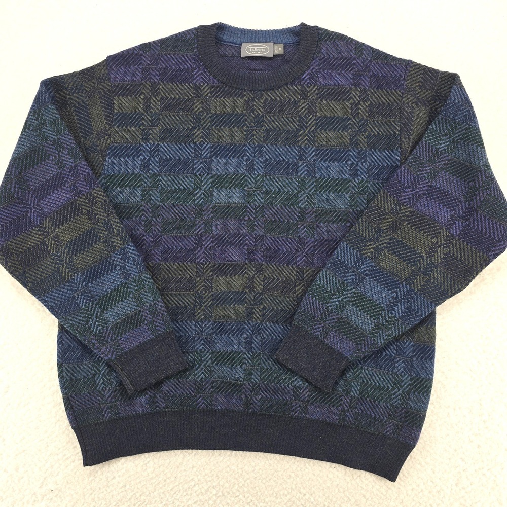 Vintage Talbots Mens Wool Sweater Size M Blue Purple Green‎ Geometric Crew Neck